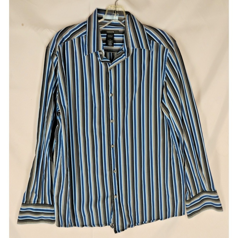 Claiborne Mens Size‎ Medium Blue Black Striped Button Up Dress Shirt